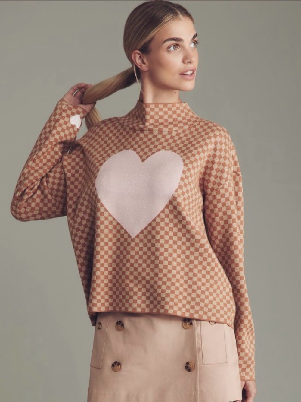 Checkerboard Heart Knit Sweater - Blush Beige